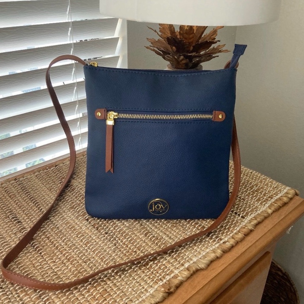 Joy Mangano pebbled leather crossbody bag purse blue with brown trim